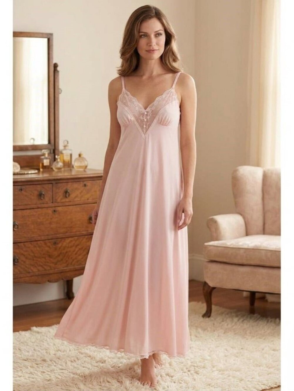 Rare Vintage Sz 34 (S) Vintage Kayser Pink Nylon Maxi Nightgown Mesh Lace V Neck